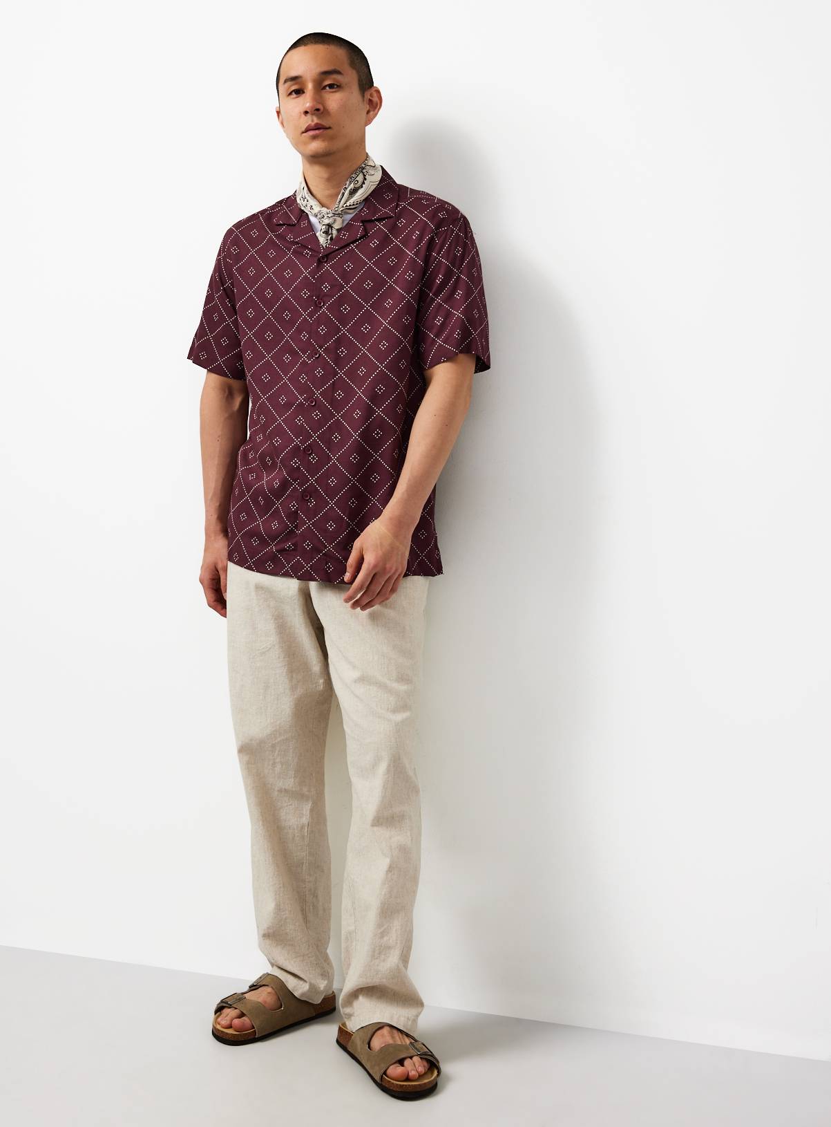 Dark Red Geo Print Slub Revere Neck Shirt M - Image 1
